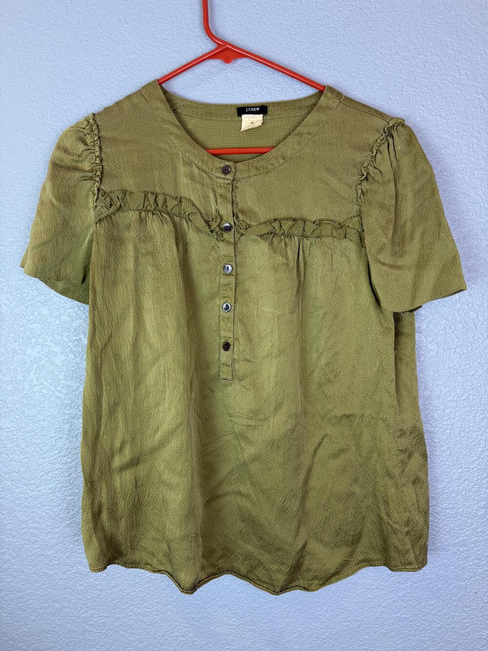 J Crew Shirt Womens 6 Petite Silk Ruffle Front Short Sleeve Blouse 97876